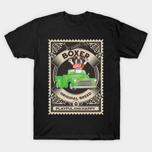 Fun Boxer Dog in green truck inside golden circle T-Shirt by Danny Gordon Art